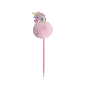 Dettaglio della penna a sfera unicorno rosa con pompon morbido per cancelleria scolastica