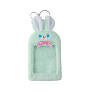 Porte-carte lapin en peluche vert menthe avec porte-clés et nœud décoratif