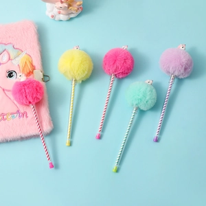 Stylo Gel Licorne Avec Pompon Peluche Mignon Plastique Dessin Animé Pour Étudiants Enfants Filles École Bureau Cadeau