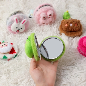 Cute plush cartoon animal folding mirrors in various colors including pink rabbit and green frog