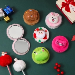 Detailed close-up of cute cartoon plush folding mirrors and pens in various animal designs