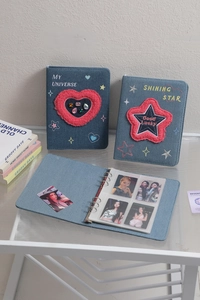 Detail of A5 denim photo albums with heart and star embroidery for photocard storage