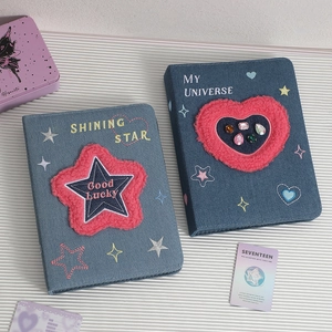 Retro denim A5 mini photo album with star and heart plush embroidery for kpop photocards