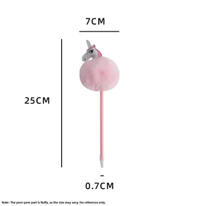Detailed size chart showing the 25cm pink unicorn pompom pen with 7cm fluffy ball head