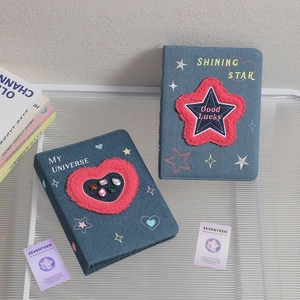 Vintage Denim Binder Photo Card Album Cover Heart Star Embroidery Plush Patch Y2K Style Student Collect Book Organizer