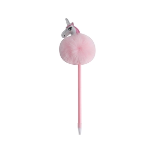 Pink fluffy unicorn pen with a silver embroidered unicorn and soft pom pom for kids