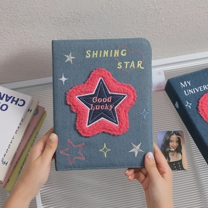 Blue denim A5 binder with pink plush star and colorful embroidery for photo cards