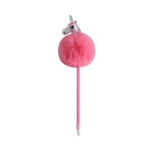 Detailed view of pink unicorn ballpoint pen with a large fluffy pompom and holographic head