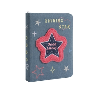 Vintage blue denim A5 photo card album with plush stars and shining star embroidery