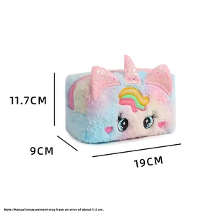 Detailed dimension guide for plush rainbow unicorn cosmetic bag showing size measurements