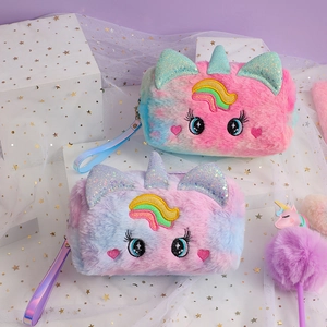 Rainbow gradient unicorn plush makeup bag with 3D horn and glitter ears for girls