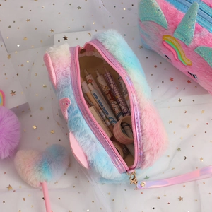 Rainbow plush unicorn stationery bag with sequin horn and large storage capacity
