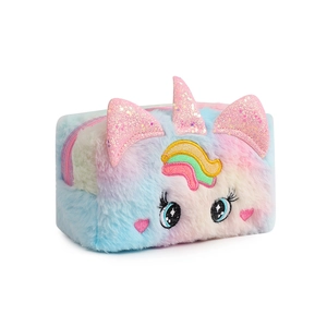 Detailed close-up of rainbow plush unicorn bag texture with glitter horn and embroidery