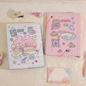 A5 cartoon binder journals with PU leather covers and elastic bands in blue and pink