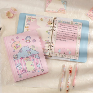 Cute A5 loose-leaf journal set with pastel cartoon covers, pens, and washi tapes