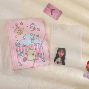 Detailed view of A5 pink cartoon binder with clear pockets for card storage