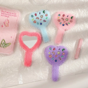 Heart Shaped Handheld Makeup Mirror Plush Faux Fur With Colorful Rhinestones Portable Cute Cosmetic Tool For Girls