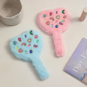 Cute heart-shaped fuzzy handheld makeup mirrors with colorful rhinestone embellishments