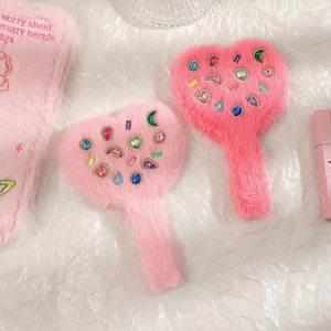 Cute heart-shaped plush makeup mirror with colorful rhinestones and soft furry handle