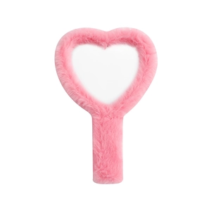 Pink heart-shaped handheld mirror with soft plush furry handle and frame for girls