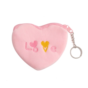 Porte-monnaie cœur en peluche rose avec broderie Love et porte-clés en métal argenté