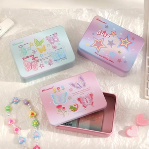 Three-piece tinplate storage box set with pastel colors and floral cartoon illustrations