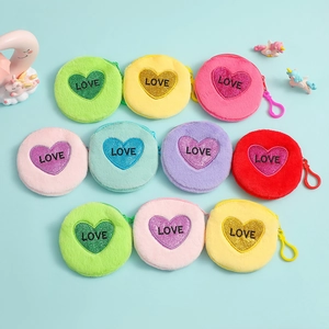 Cute Round Plush Coin Purse With Heart LOVE Embroidery Zipper Closure And Plastic Hook For Girls Women