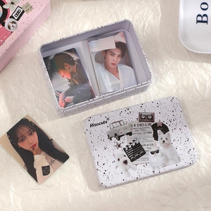 Retro tin storage box with lid and idol photo cards for desk organization and DIY
