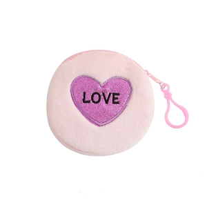 Pink plush round coin purse with glitter heart patch and LOVE embroidery for Valentine gift