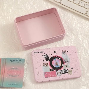Detail of pink tin storage box with vintage collage art and matching photocards set