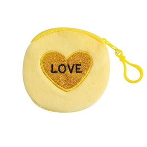 Close-up of a round yellow plush coin purse with glitter heart and LOVE embroidery