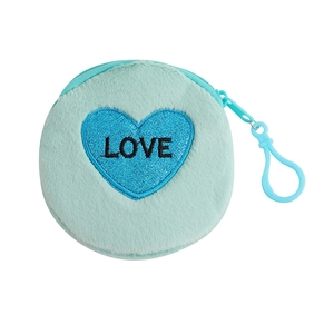 Detail of blue plush coin purse with glitter heart and LOVE embroidery with plastic hook