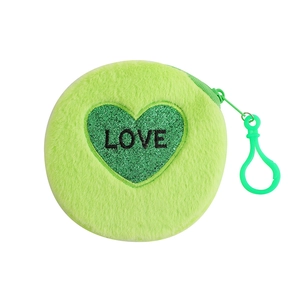 Detail of neon green plush coin purse with a sequined heart and LOVE embroidery