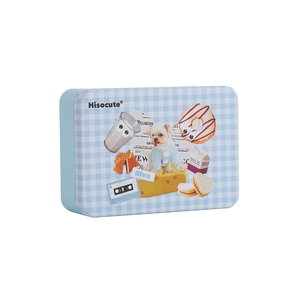 Blue plaid tin storage box with cute animal prints for stationery and small cards