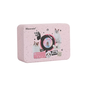 Close-up of pink rectangular metal storage tin featuring vintage cat and music collages