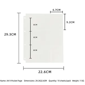 A4 binder sleeves with dimensions 29.3x22.6cm and individual pockets of 6.7x9.2cm