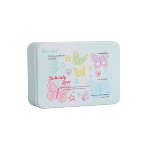 Blue rectangular tin storage box with butterfly motifs and Hisocute brand name