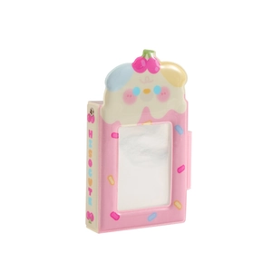 Detail view of pink mini card binder with cartoon puppy cream design and Hi So Cute text