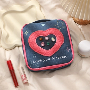 Denim makeup bag with pink heart embroidery and Love you forever text detail