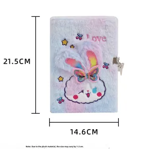 Detailed view of the 21.5cm x 14.6cm plush bunny notebook with metal lock and key