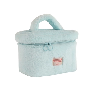 Trousse à maquillage en peluche bleu clair avec fourrure douce et double fermeture