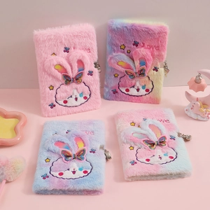 Detail of furry A5 bunny notebook featuring gradient plush cover with metal lock and key