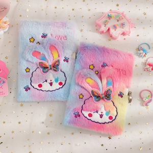 Plush A5 cartoon rabbit diary with lock, fuzzy gradient fur notebook for girls and kids