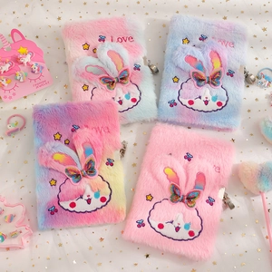 Plush Rabbit Notebook With Lock Cute Faux Fur Diary Secret Journal For Girls Cartoon Embroidery Sequins Gift