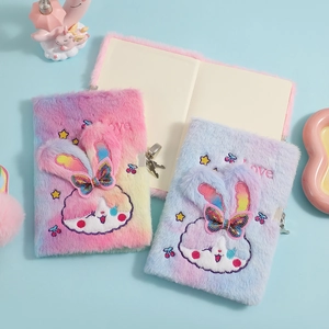Cute A5 fuzzy plush rabbit notebook with metal lock and key in pastel gradient colors