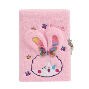 Pink plush A5 notebook with a cute long-eared bunny design and metal security lock