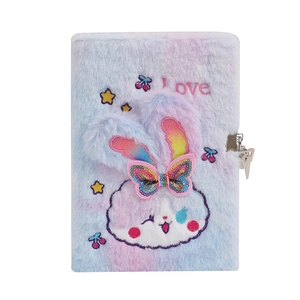 Detail of A5 fluffy rabbit journal with soft plush texture, lock and metal key