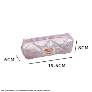 Detailed view of purple quilted pencil case with dimensions 19.5cm x 8cm x 6cm