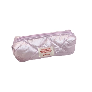 Lavender quilted pencil case with metallic finish and Beauty Studio woven label