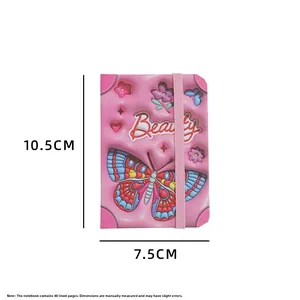 Pink butterfly pocket notebook 10.5x7.5cm with 80 lined pages and elastic band